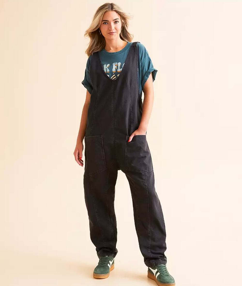 Free People Overall Denim Jumpsuit Womens XL Short Black High Roller Slouchy
